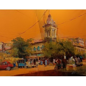 Khalid Khan-Kaay, 36 x 46 Inch, Acrylic on Canvas, Cityscape Painting, AC-KHKN-104